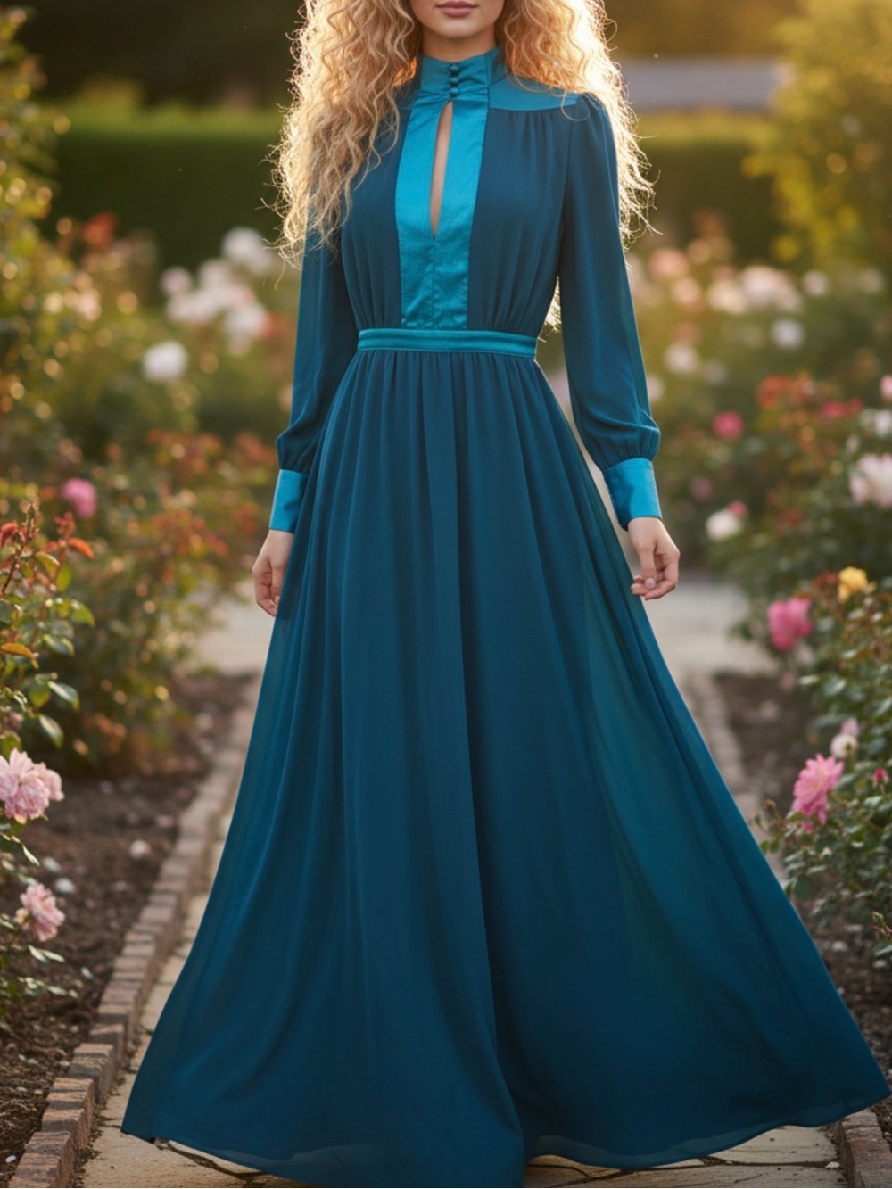 Modcloth Teal Satin-Trim Long Sleeve Maxi Dress